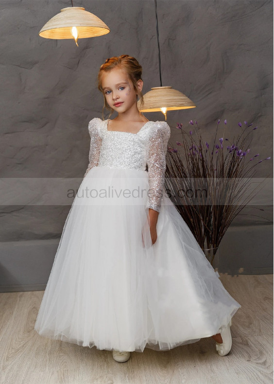 Square Neck Sparkly Lace Tulle Ankle Length Flower Girl Dress